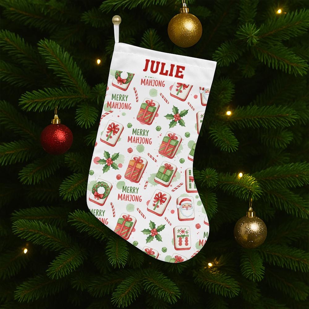 Personalized Mahjong Christmas Stocking with Name – Custom Holiday Decoration, Mahjong Tile Design, Gift Holder