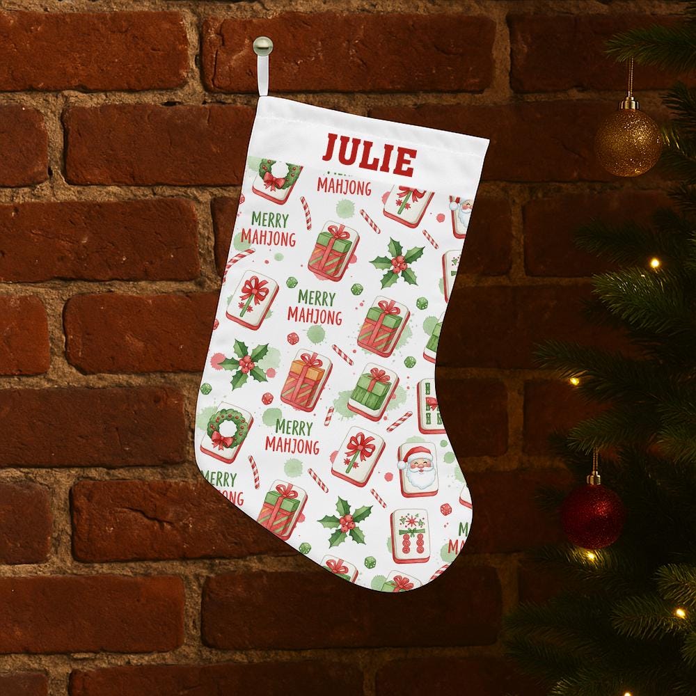 Personalized Mahjong Christmas Stocking with Name – Custom Holiday Decoration, Mahjong Tile Design, Gift Holder