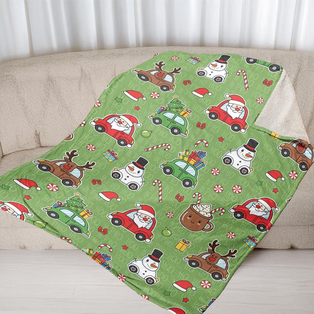 Christmas Fleece Blanket with Santa Snowman Reindeer Cars Green Holiday Throw