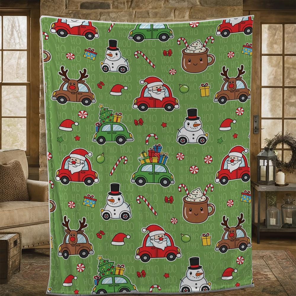 Christmas Fleece Blanket with Santa Snowman Reindeer Cars Green Holiday Throw