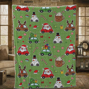 Christmas Fleece Blanket with Santa Snowman Reindeer Cars Green Holiday Throw