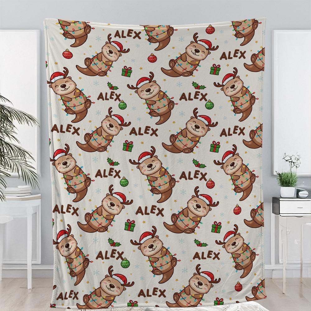 Custom Name Fleece Blanket with Reindeer Otter Christmas Design, Personalized Holiday Throw Blanket