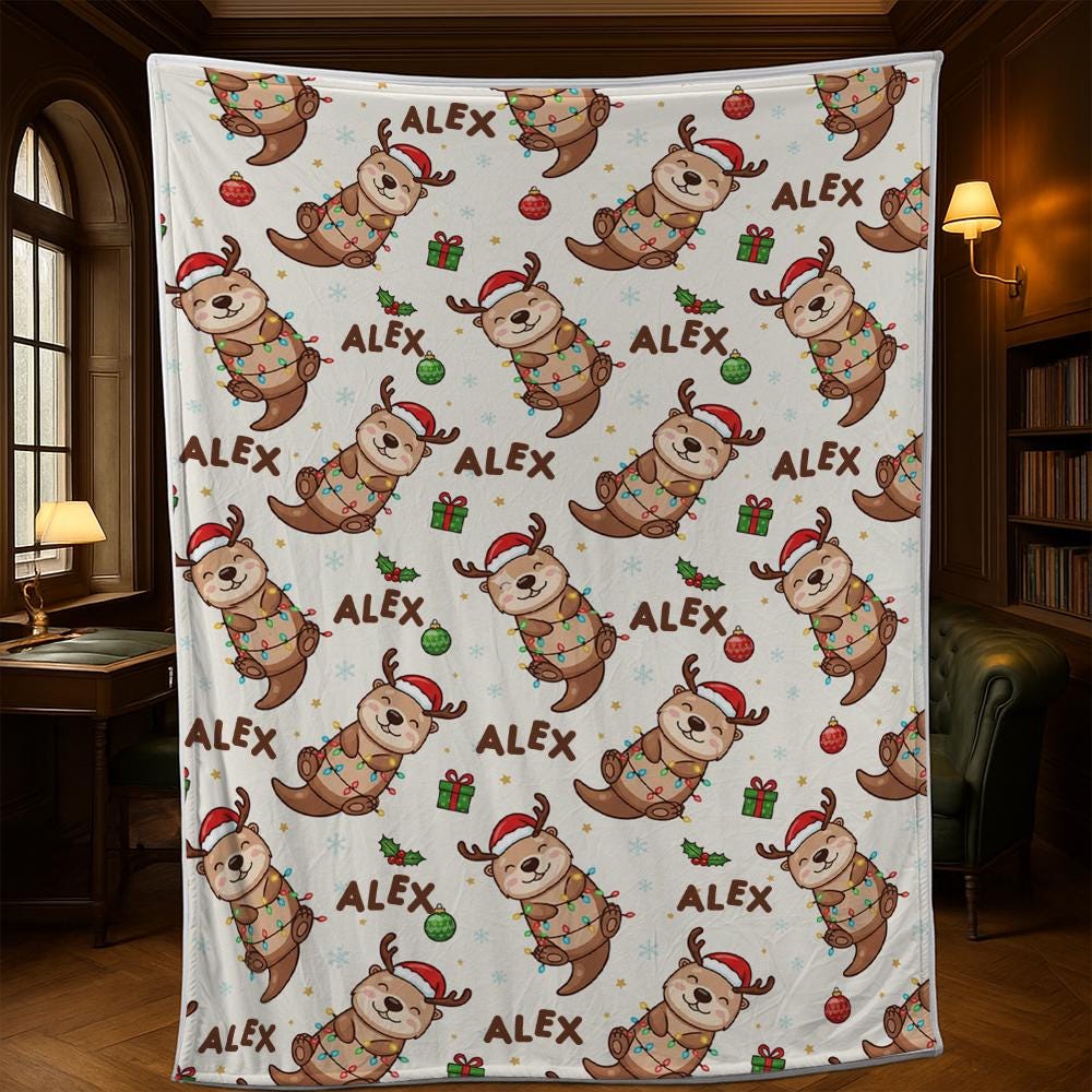 Custom Name Fleece Blanket with Reindeer Otter Christmas Design, Personalized Holiday Throw Blanket
