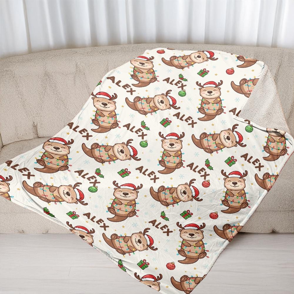 Custom Name Fleece Blanket with Reindeer Otter Christmas Design, Personalized Holiday Throw Blanket