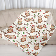 Custom Name Fleece Blanket with Reindeer Otter Christmas Design, Personalized Holiday Throw Blanket