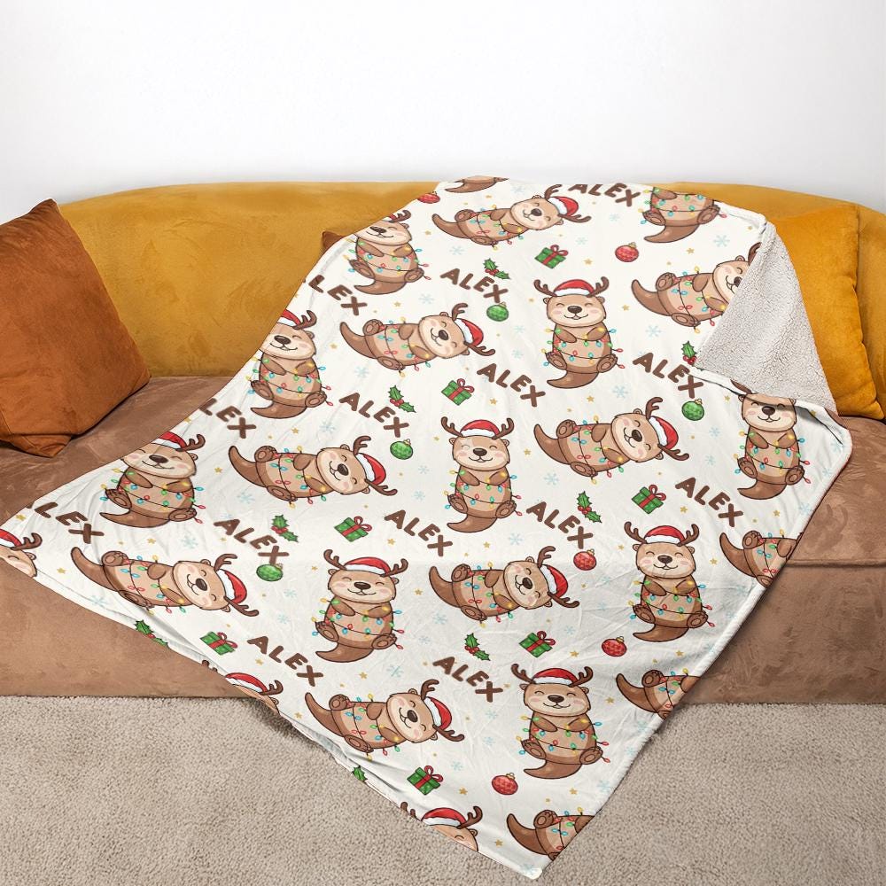 Custom Name Fleece Blanket with Reindeer Otter Christmas Design, Personalized Holiday Throw Blanket