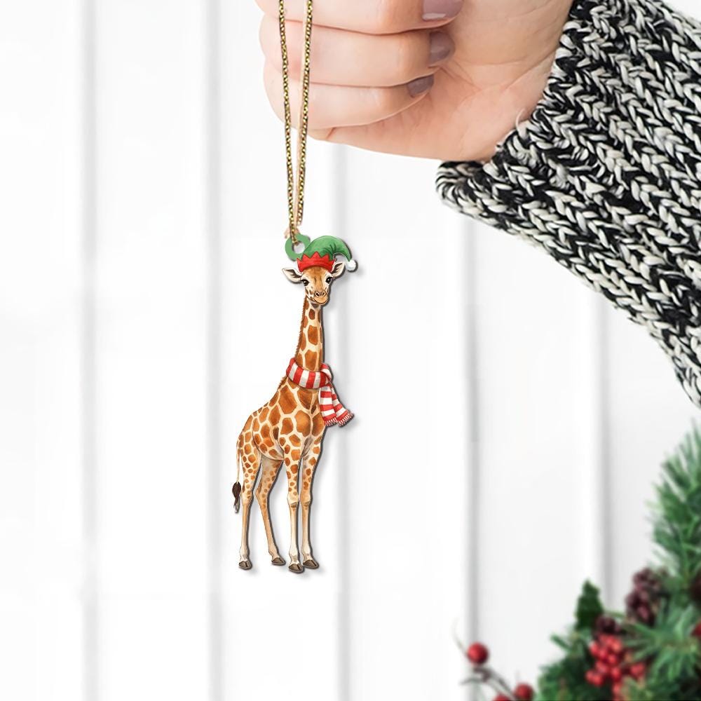 Giraffe Christmas Ornament – Holiday Tree Decoration with Elf Hat and Scarf