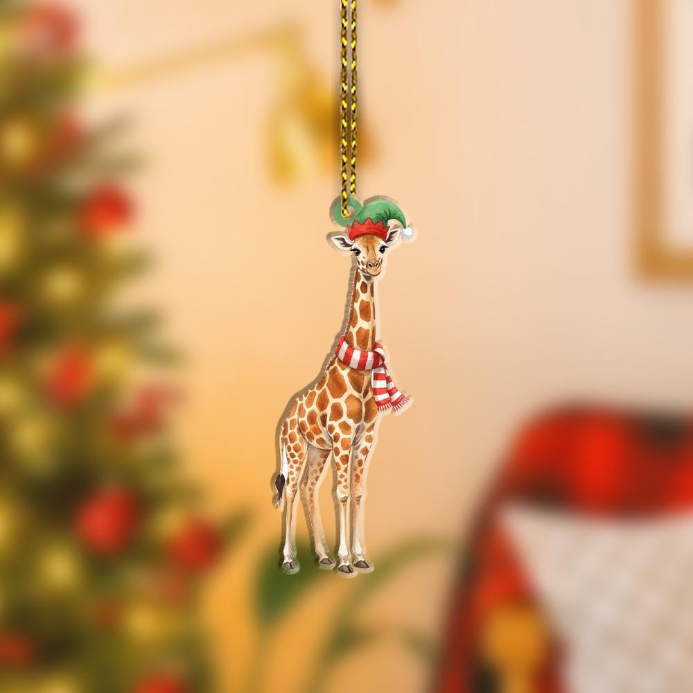 Giraffe Christmas Ornament – Holiday Tree Decoration with Elf Hat and Scarf