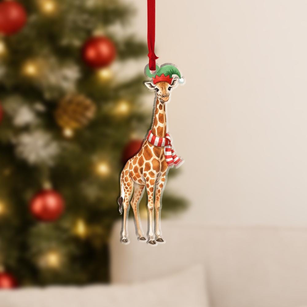 Giraffe Christmas Ornament – Holiday Tree Decoration with Elf Hat and Scarf