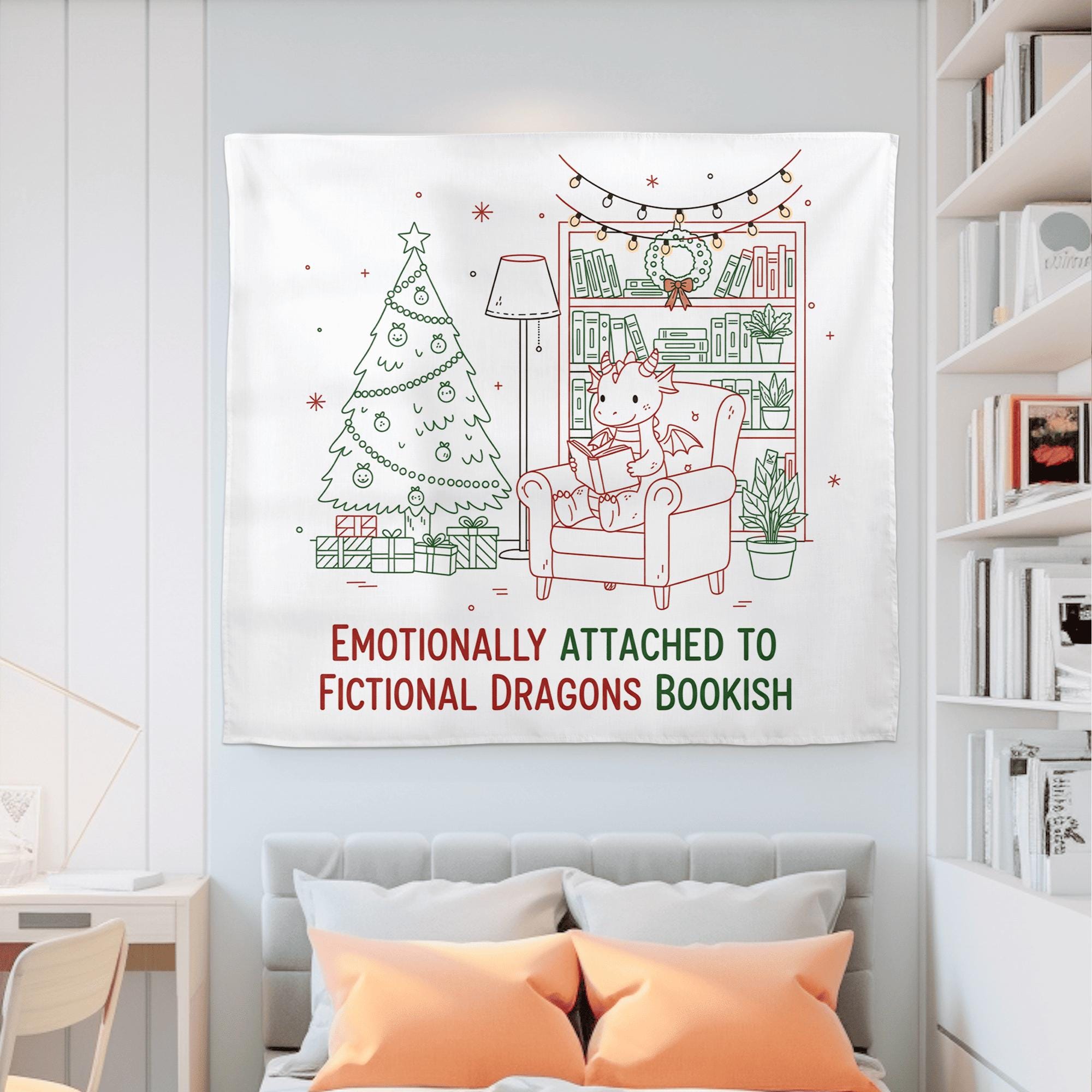 Christmas Dragon Reading Tapestry, Book Lover Wall Hanging, Fantasy Holiday Decor