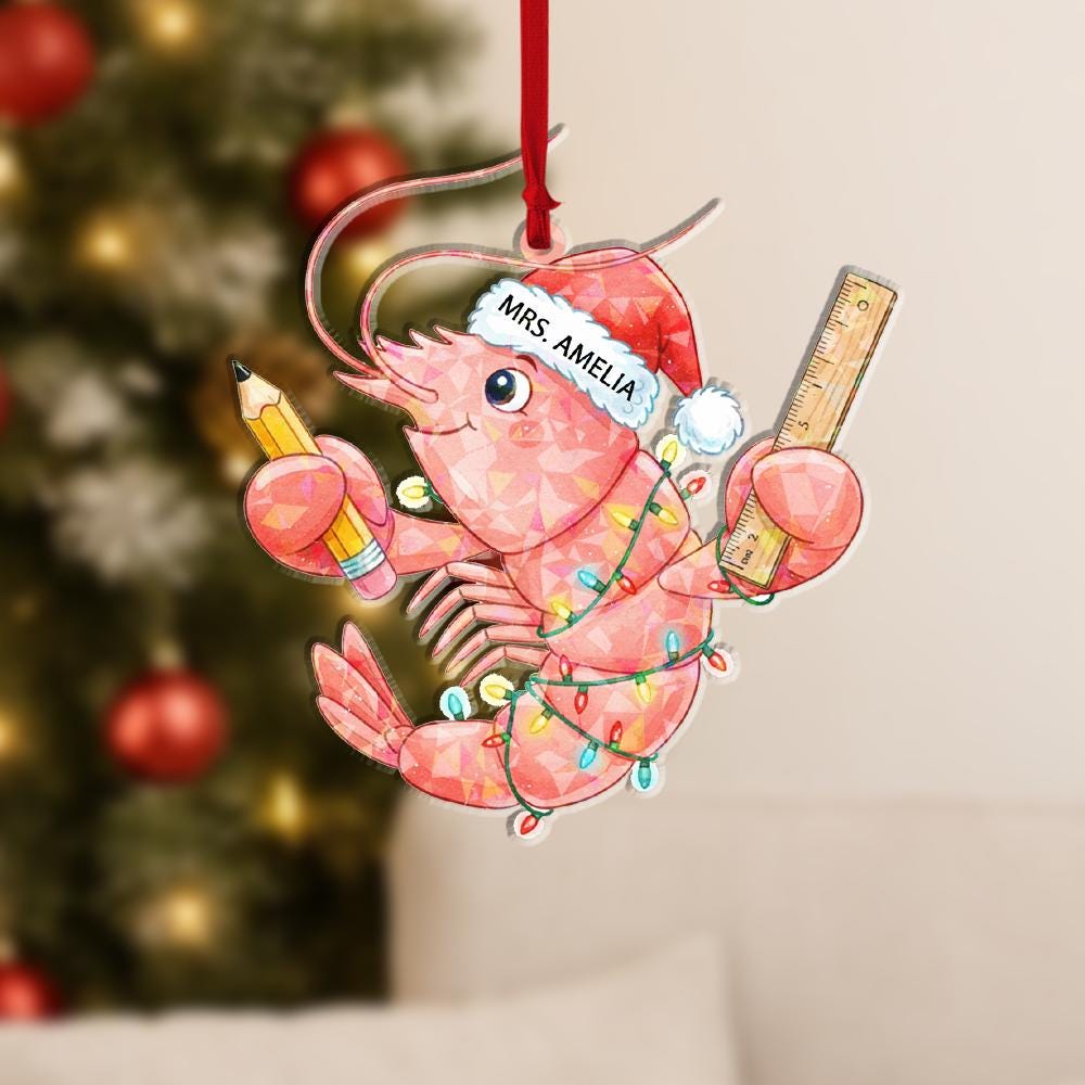 Personalized Shrimp Christmas Ornament – Teacher Design with Santa Hat and School Supplies