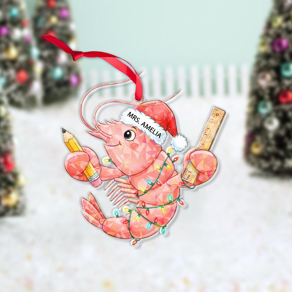 Personalized Shrimp Christmas Ornament – Teacher Design with Santa Hat and School Supplies