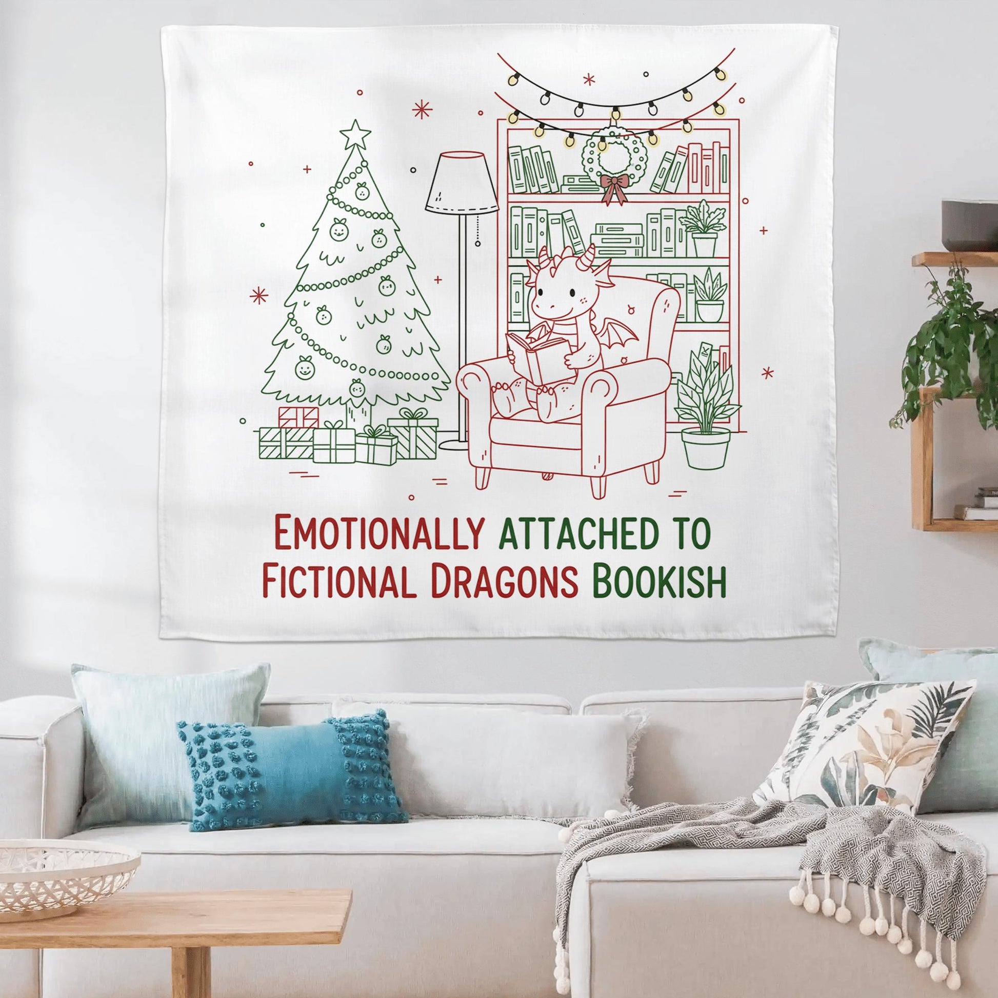 Christmas Dragon Reading Tapestry, Book Lover Wall Hanging, Fantasy Holiday Decor