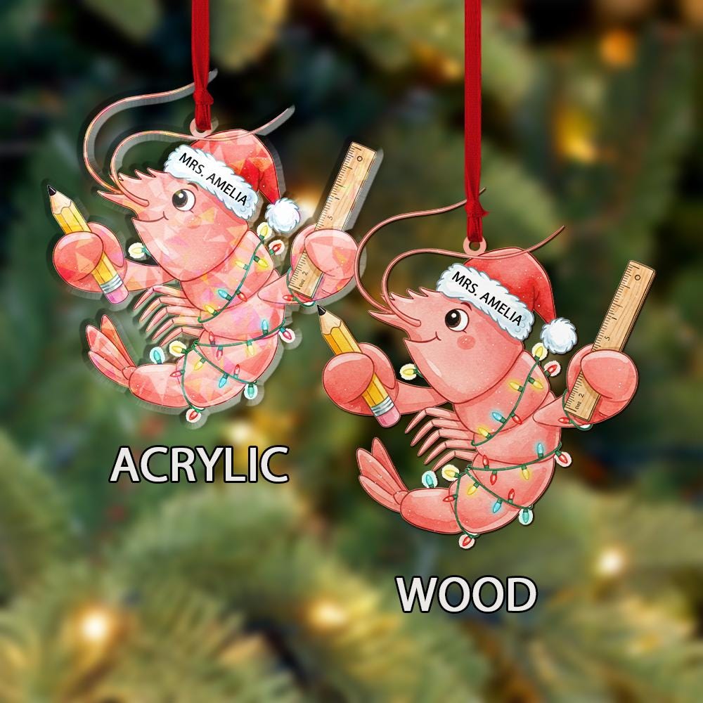 Personalized Shrimp Christmas Ornament – Teacher Design with Santa Hat and School Supplies