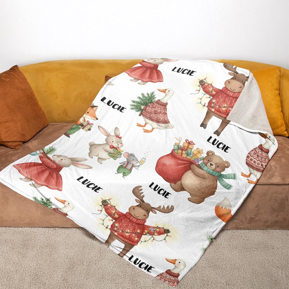 Custom Fleece Blanket with Woodland Animals, Personalized Christmas Throw with Name, Cozy Holiday Decor
