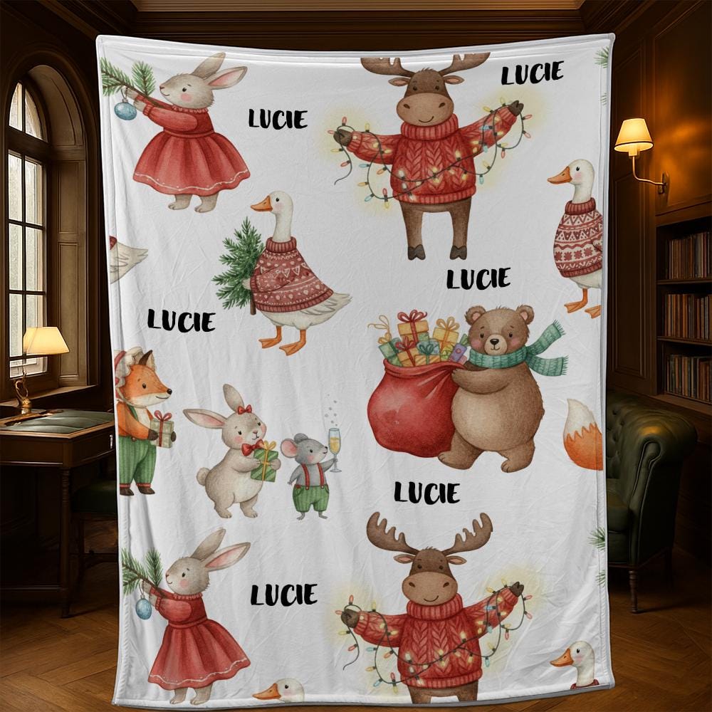 Custom Fleece Blanket with Woodland Animals, Personalized Christmas Throw with Name, Cozy Holiday Decor