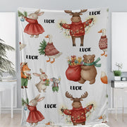 Custom Fleece Blanket with Woodland Animals, Personalized Christmas Throw with Name, Cozy Holiday Decor