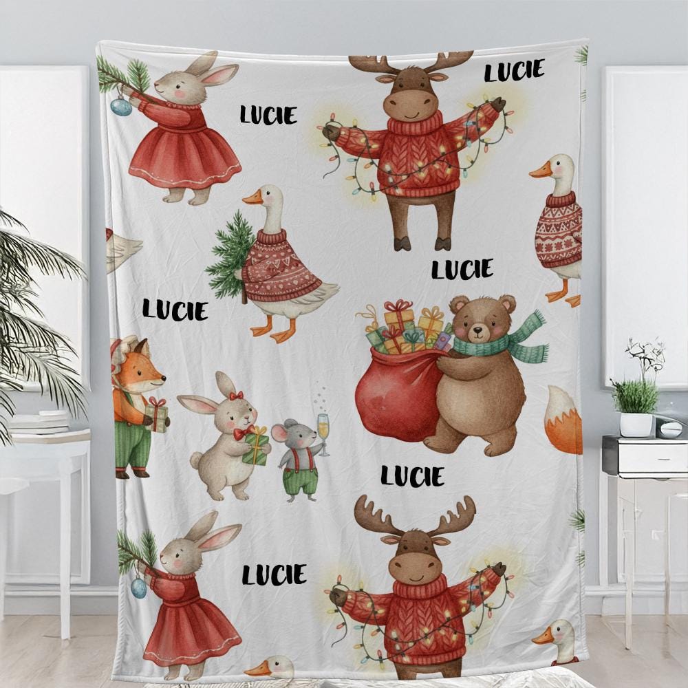 Custom Fleece Blanket with Woodland Animals, Personalized Christmas Throw with Name, Cozy Holiday Decor