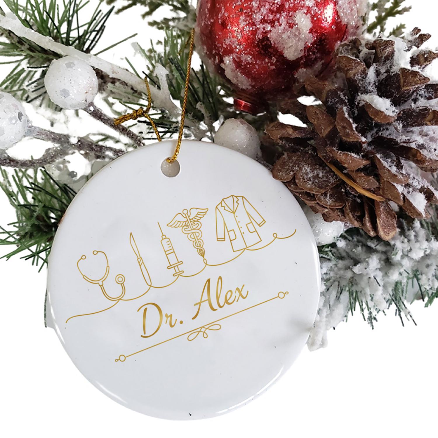 Personalized Ceramic Ornament – Doctor Design with Stethoscope Syringe Caduceus Lab Coat