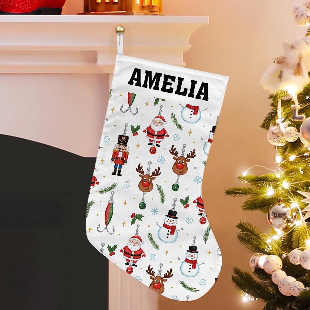 Personalized Fishing Christmas Stocking with Name – Custom Santa Reindeer Snowman Hook Holiday Fireplace Decor