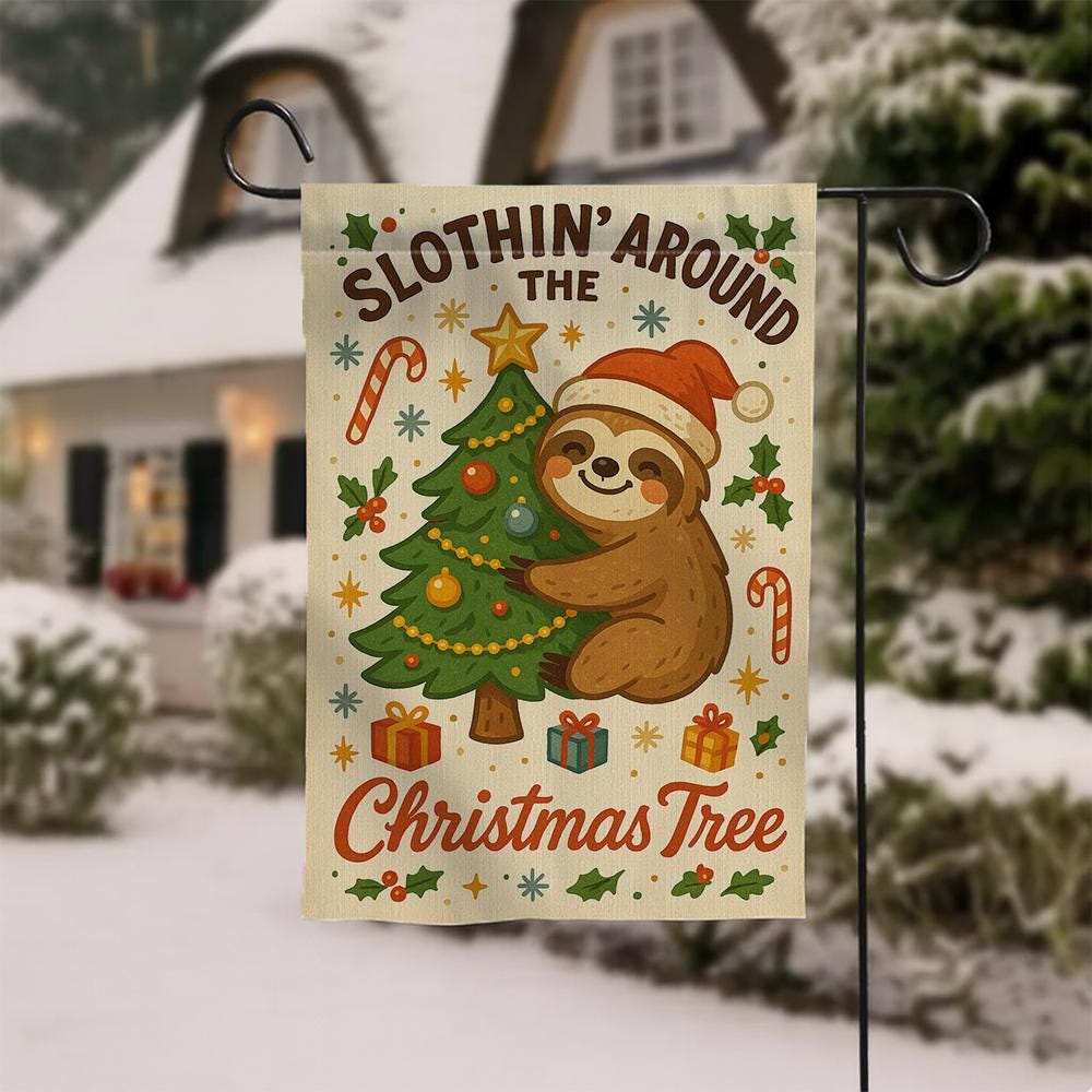 Sloth Christmas Flag – Holiday Outdoor Banner with Tree Santa Hat Design