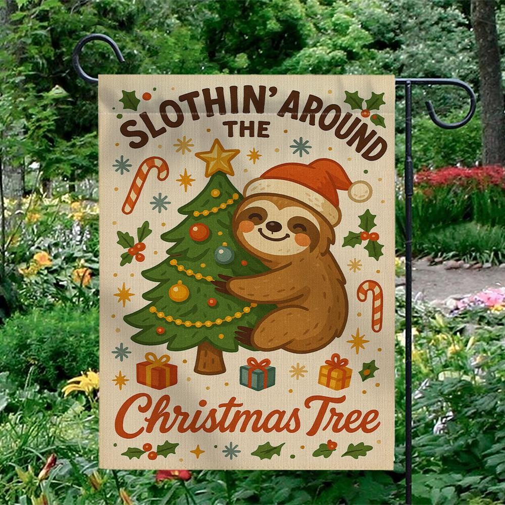 Sloth Christmas Flag – Holiday Outdoor Banner with Tree Santa Hat Design