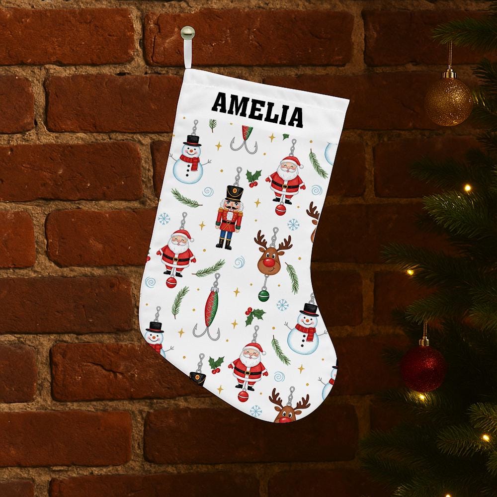 Personalized Fishing Christmas Stocking with Name – Custom Santa Reindeer Snowman Hook Holiday Fireplace Decor