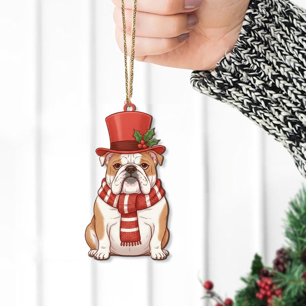 Bulldog Christmas Ornament – Dog Tree Decoration with Top Hat and Scarf Design
