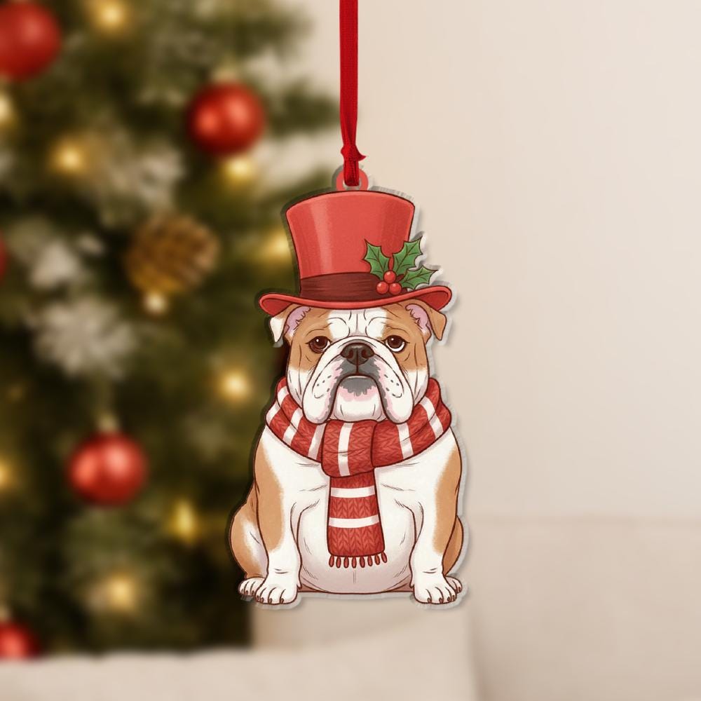 Bulldog Christmas Ornament – Dog Tree Decoration with Top Hat and Scarf Design
