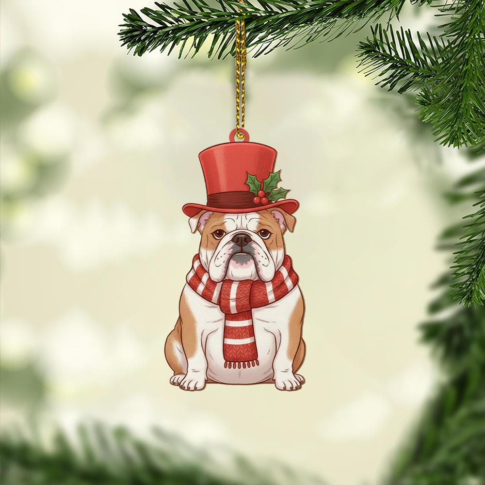 Bulldog Christmas Ornament – Dog Tree Decoration with Top Hat and Scarf Design