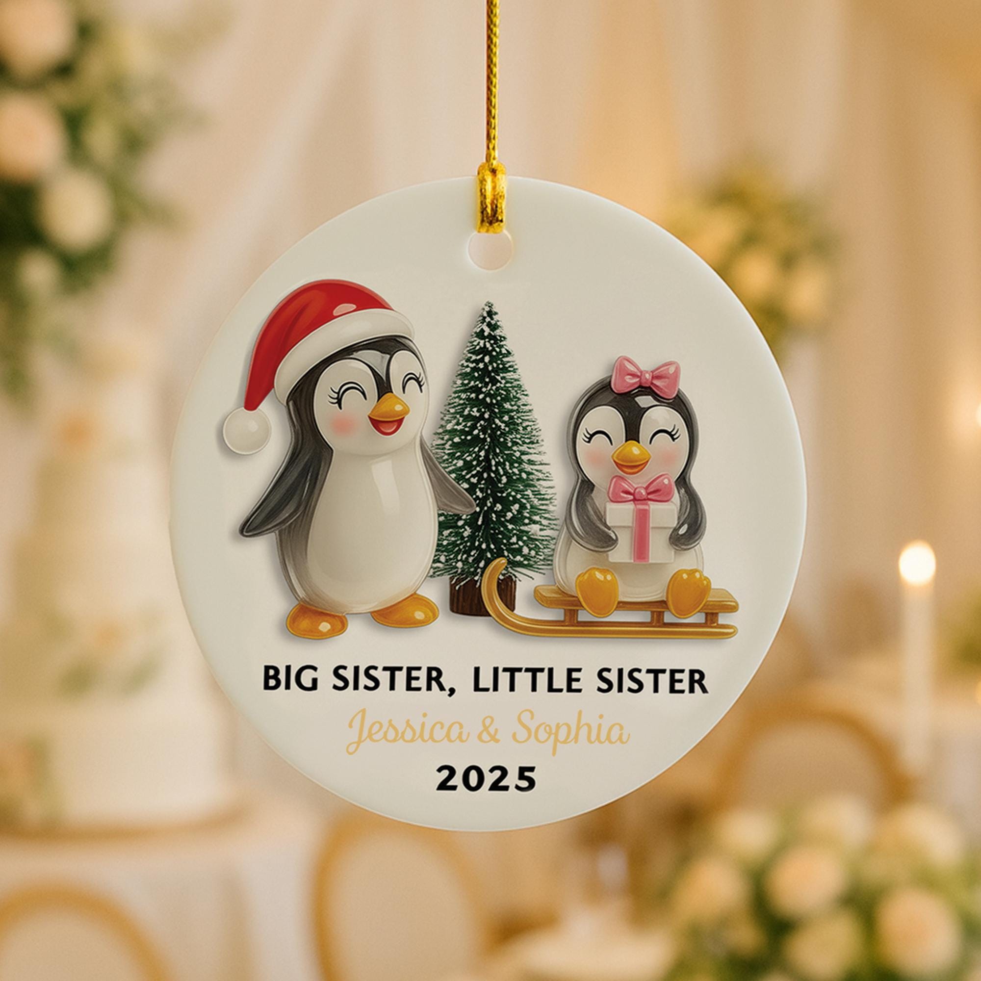 Personalized Penguin Sibling Ornament: Custom Ceramic Keepsake (Dated 2025)