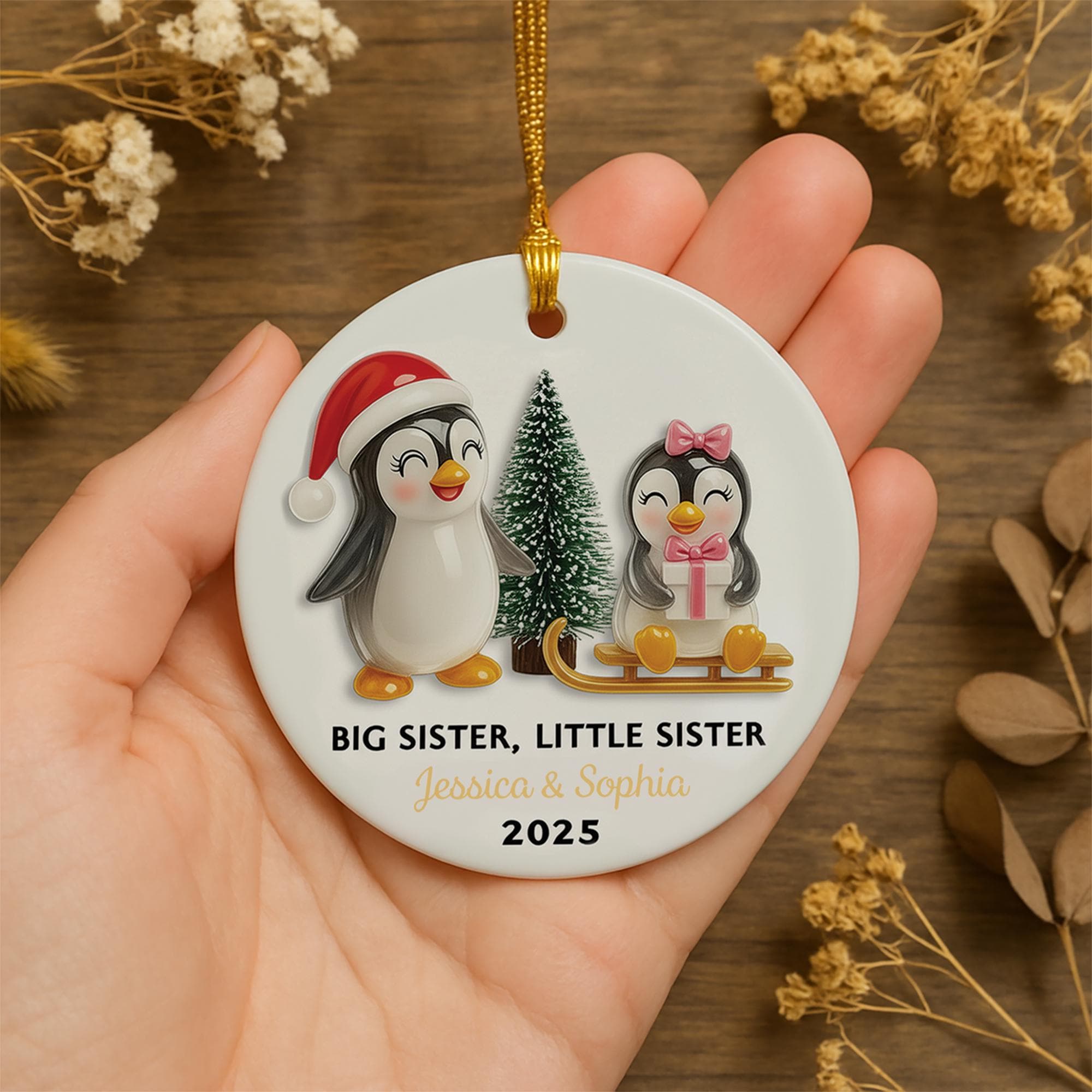 Personalized Penguin Sibling Ornament: Custom Ceramic Keepsake (Dated 2025)