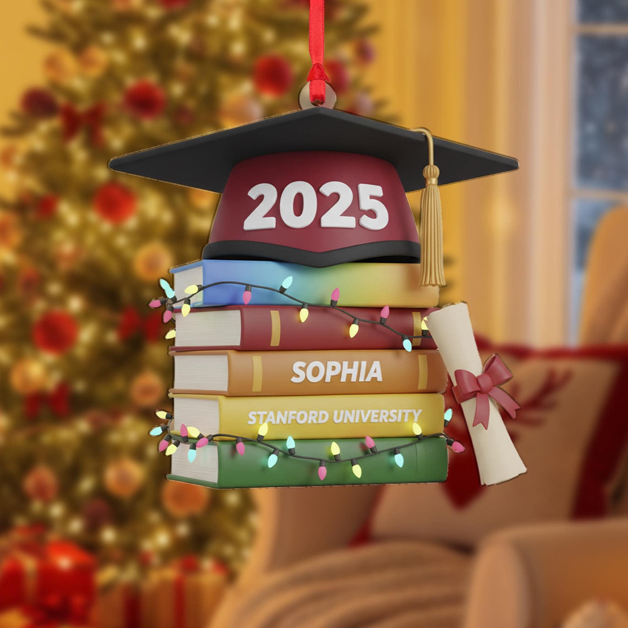 Personalized Graduation Ornament 2025, Custom Name and University on Stacked Books, Acrylic Keepsake Decoration