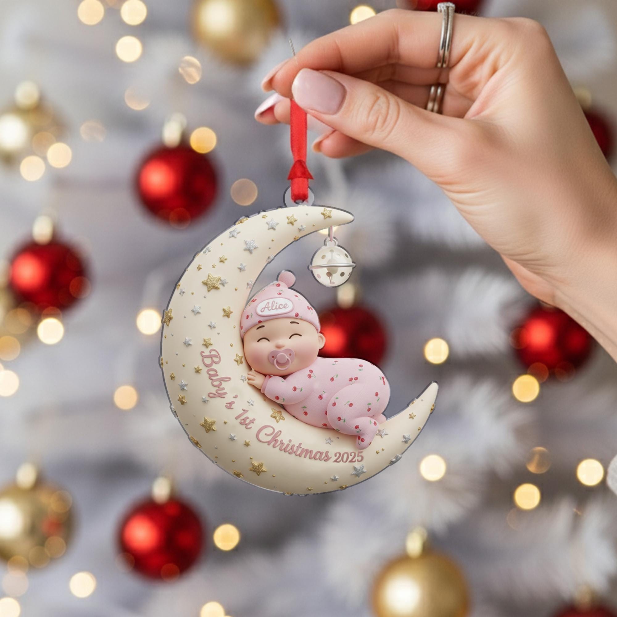 Personalized Baby's First Christmas Ornament: Sleeping Baby on Moon