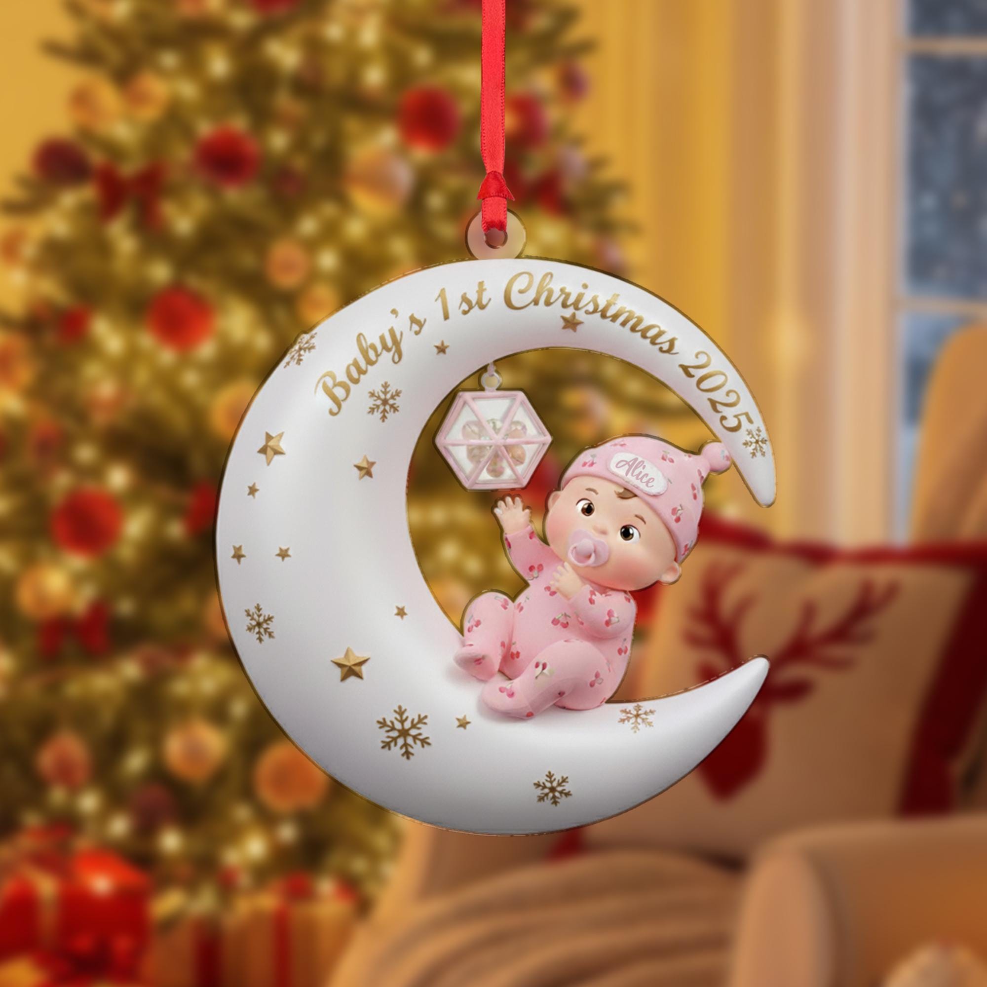 Personalized Baby's First Christmas Ornament: Sitting Baby on Moon, Acrylic Keepsake