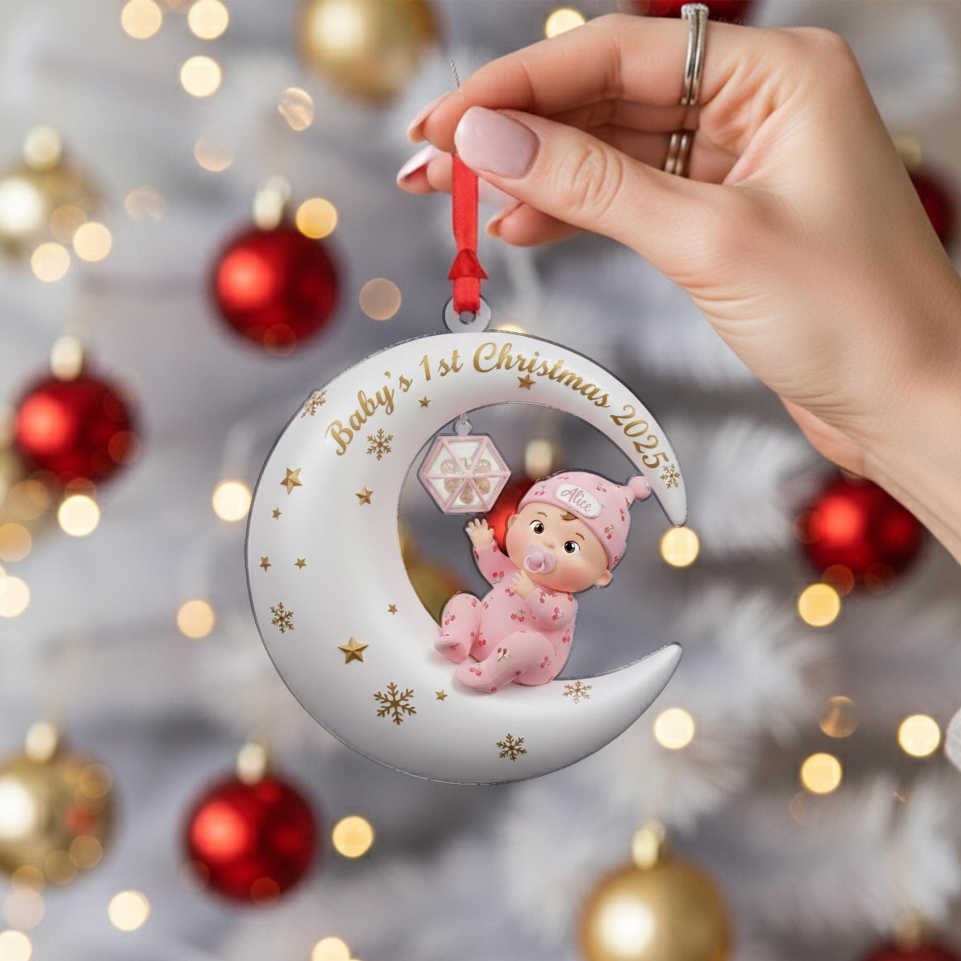 Personalized Baby's First Christmas Ornament: Sitting Baby on Moon, Acrylic Keepsake