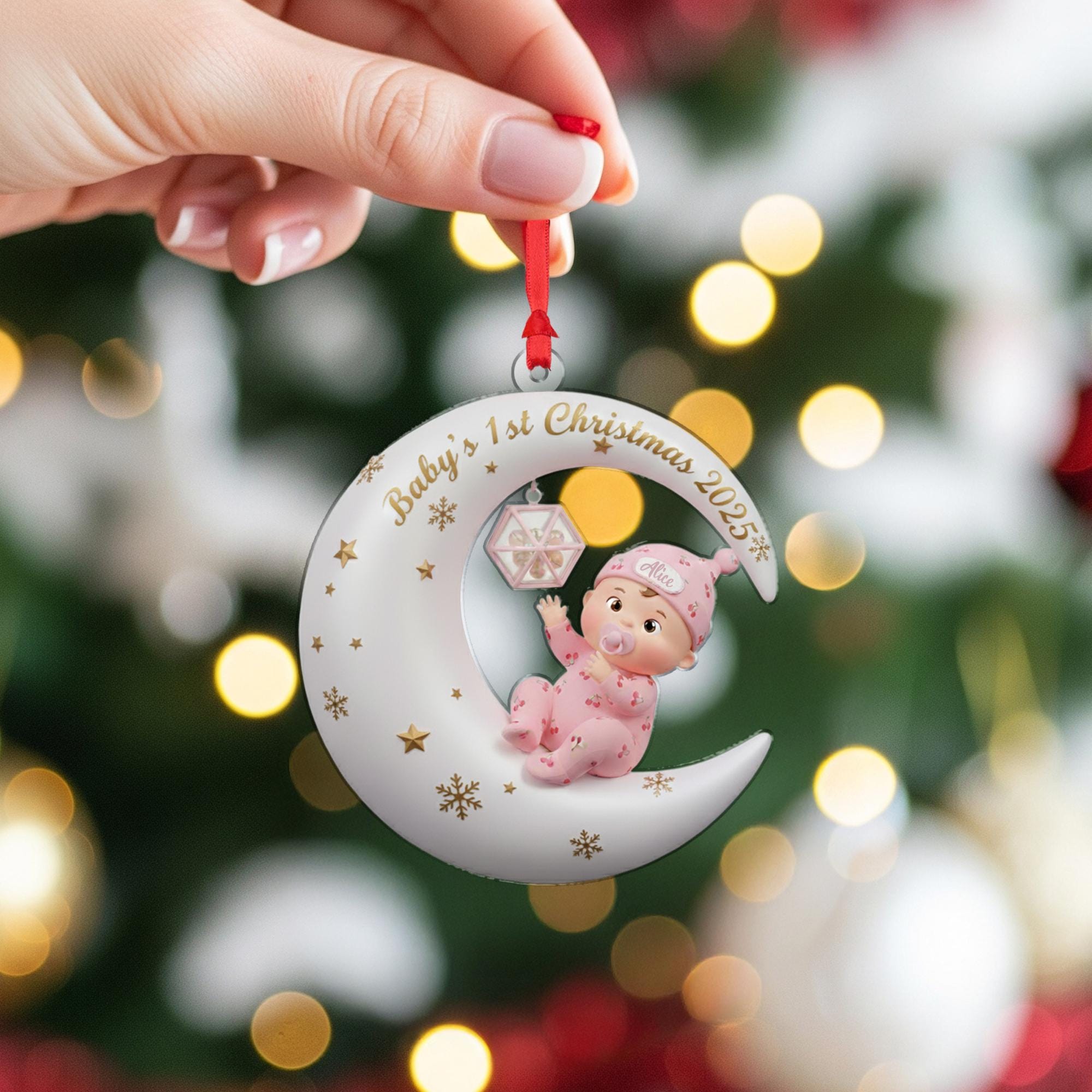 Personalized Baby's First Christmas Ornament: Sitting Baby on Moon, Acrylic Keepsake