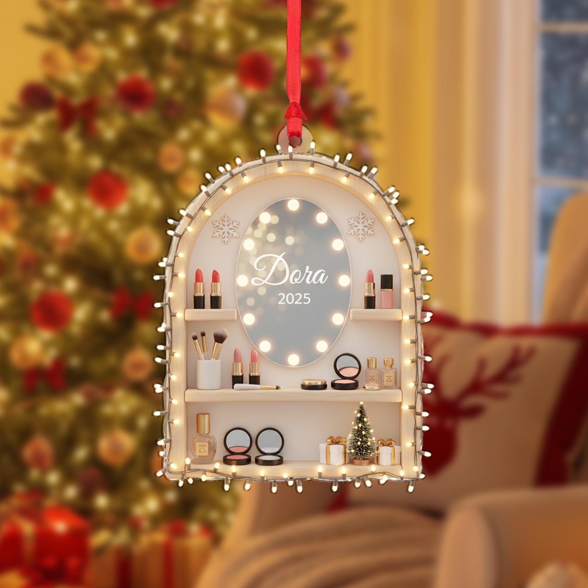Personalized Makeup Vanity Ornament, Custom Name and Year on Mirror, Acrylic Dressing Table Decoration
