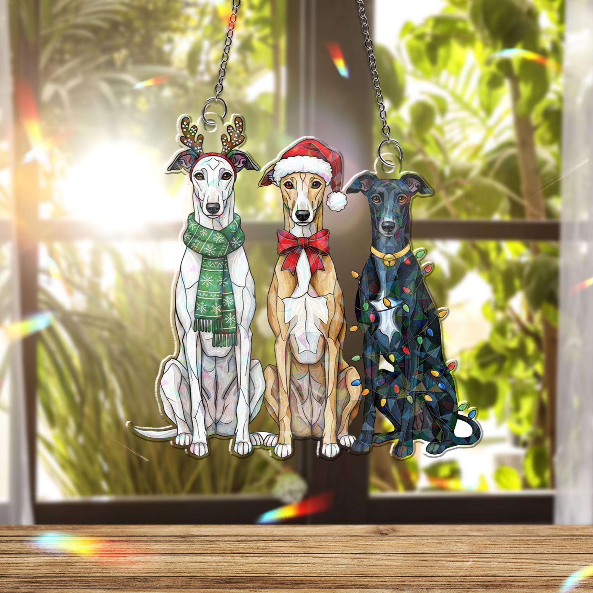Three Greyhound Dogs Christmas Window Hanging: Acrylic Hologram Ornament Trio