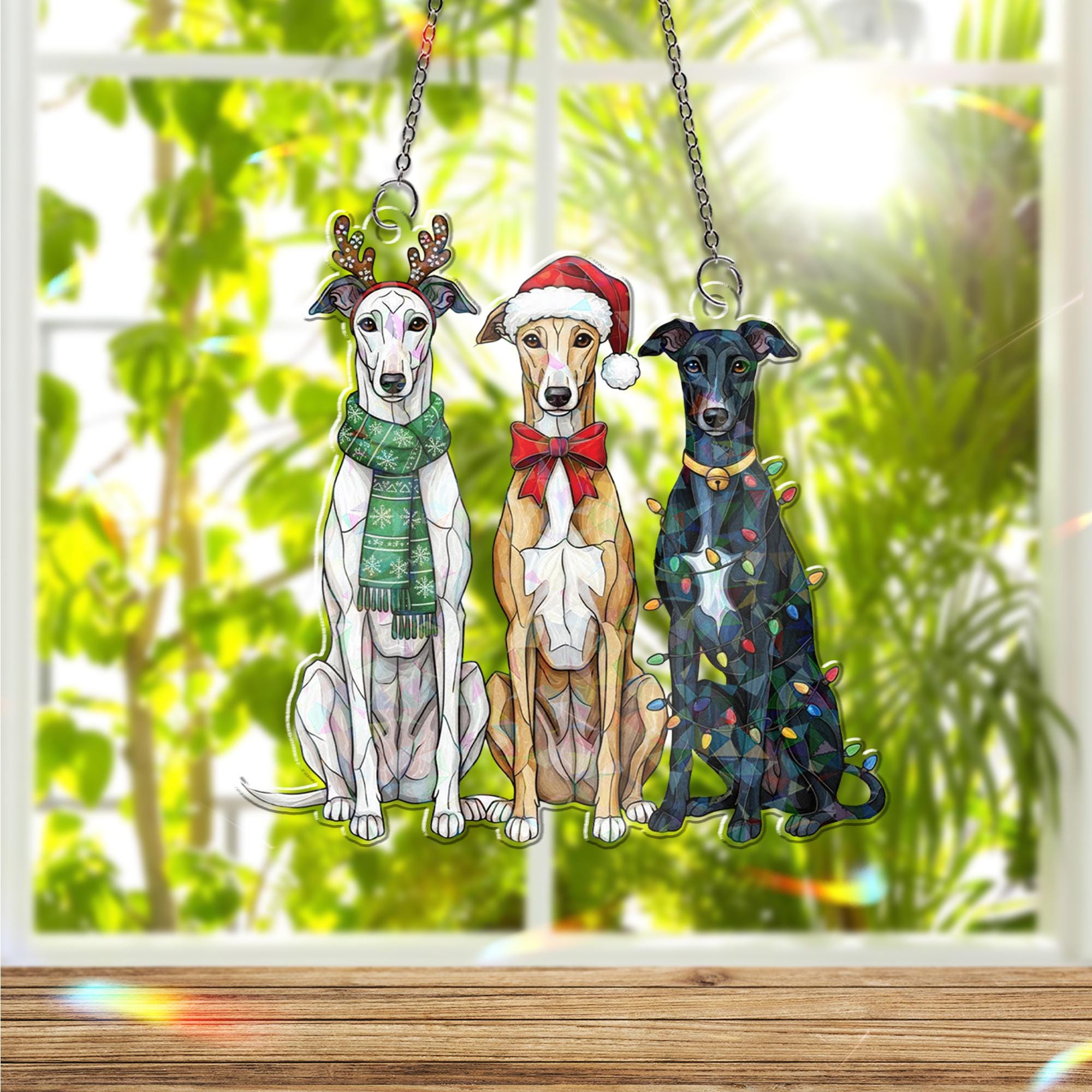 Three Greyhound Dogs Christmas Window Hanging: Acrylic Hologram Ornament Trio
