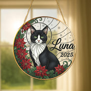 Personalized Tuxedo Cat Suncatcher, Custom Name and Year, Sunflower Window Hanging, Pet Memorial Decor