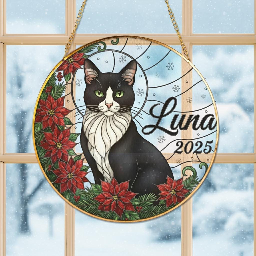 Personalized Tuxedo Cat Suncatcher, Custom Name and Year, Sunflower Window Hanging, Pet Memorial Decor
