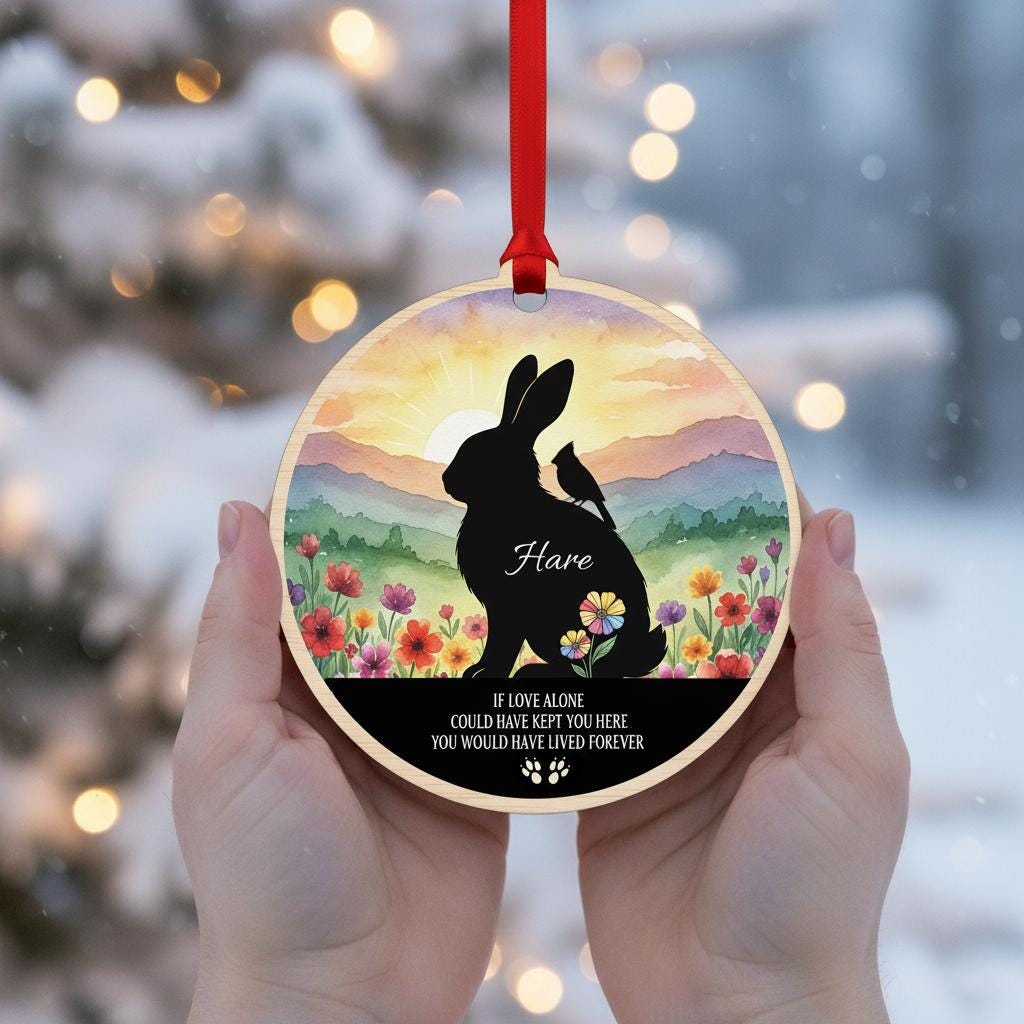Personalized Rabbit Memorial Ornament: Watercolor Wildflower Acrylic Keepsake