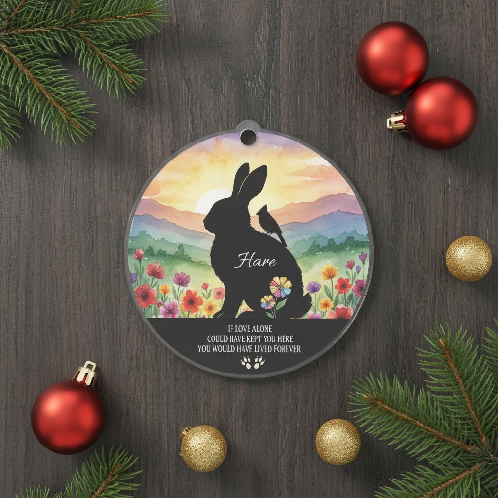 Personalized Rabbit Memorial Ornament: Watercolor Wildflower Acrylic Keepsake
