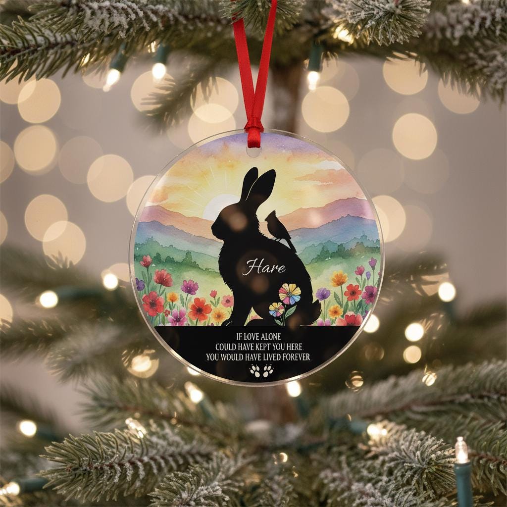 Personalized Rabbit Memorial Ornament: Watercolor Wildflower Acrylic Keepsake