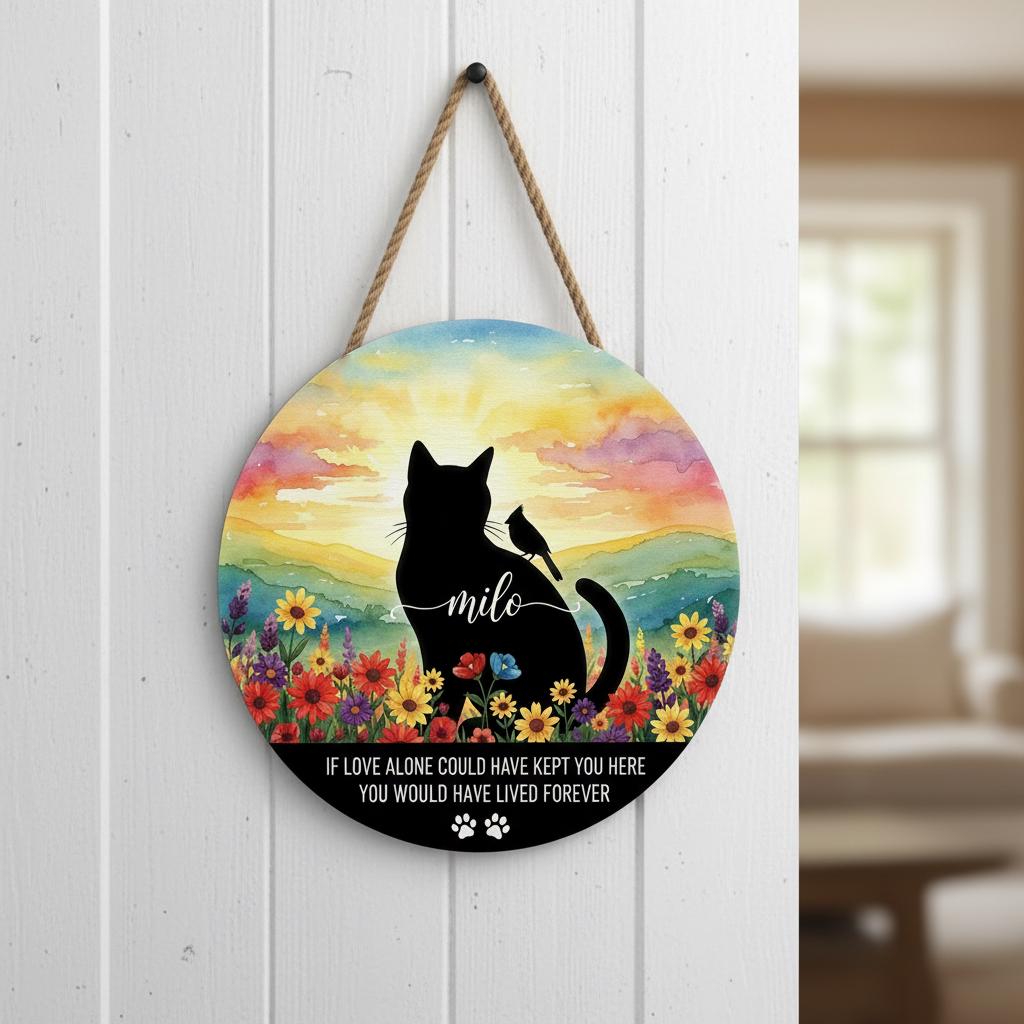 Personalized Cat Memorial Sign: Watercolor Sunset, Custom Name Wooden Plaque