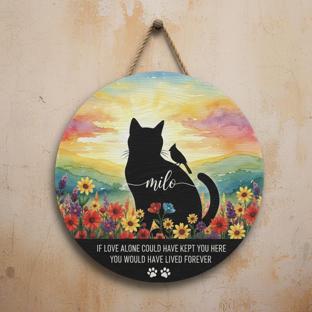 Personalized Cat Memorial Sign: Watercolor Sunset, Custom Name Wooden Plaque