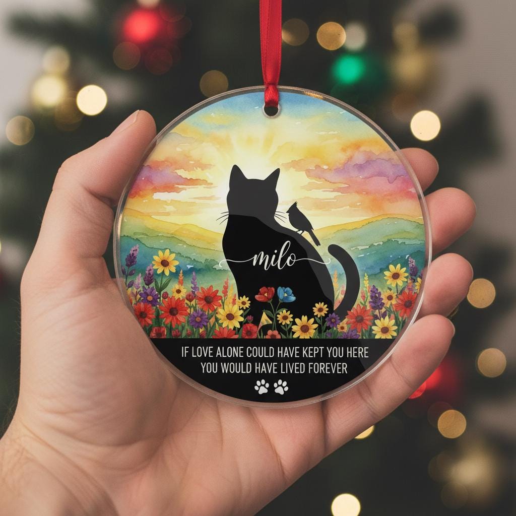 Personalized Cat Memorial Ornament: Watercolor Sunset, Custom Name Acrylic Keepsake