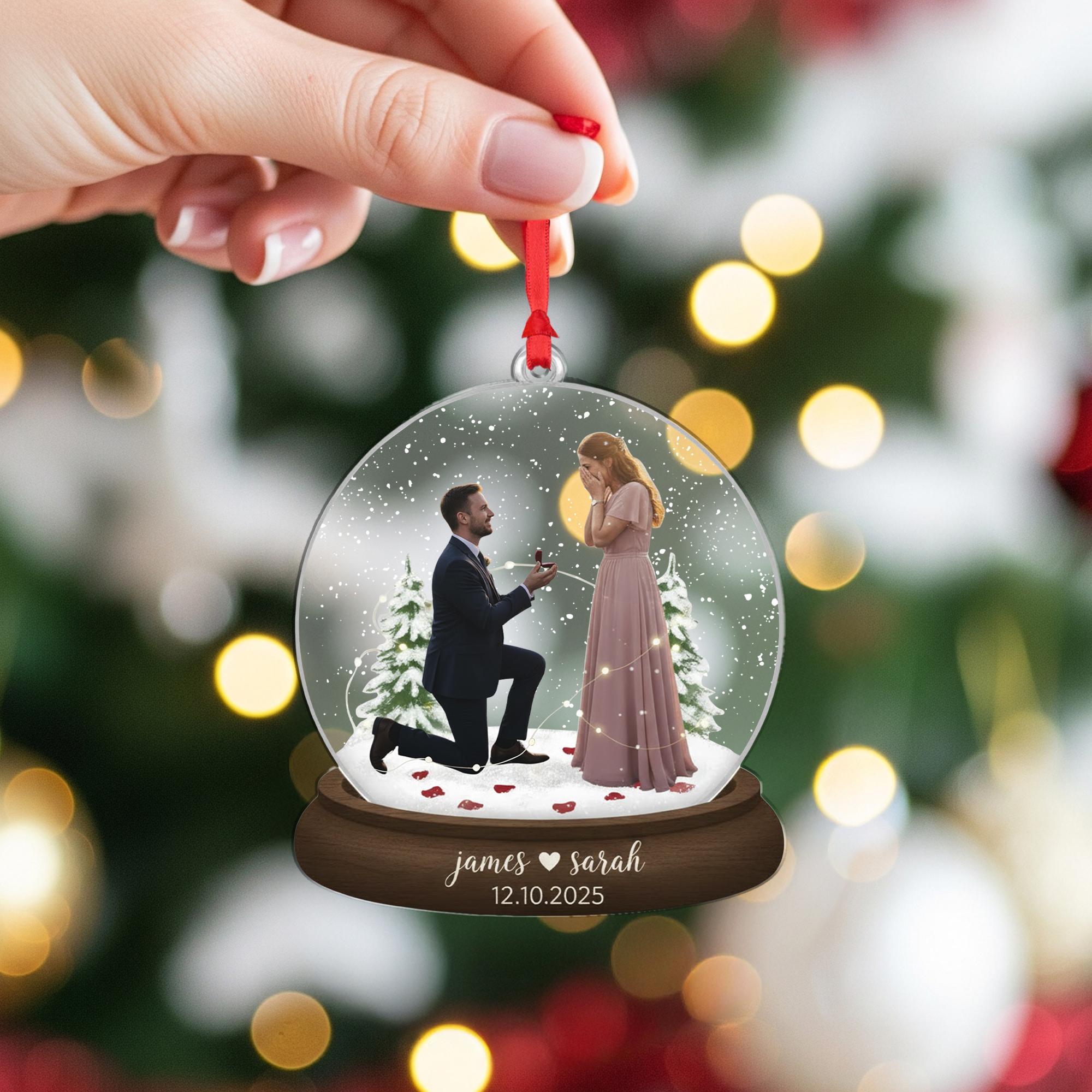 Custom Engagement Ornament – Snow Globe Keepsake with Couple’s Names & Date
