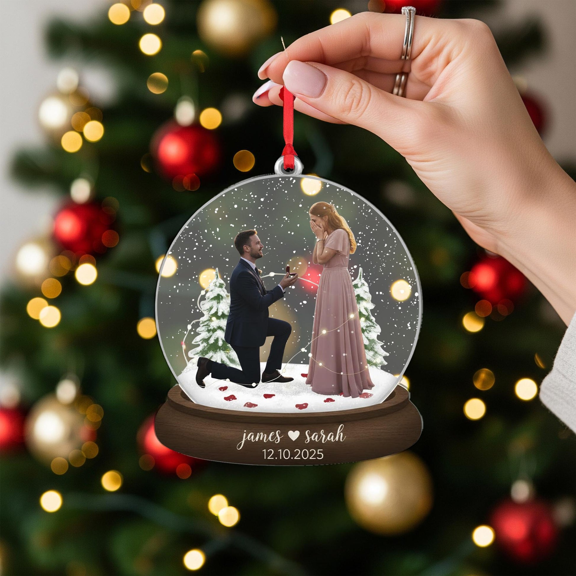 Custom Engagement Ornament – Snow Globe Keepsake with Couple’s Names & Date